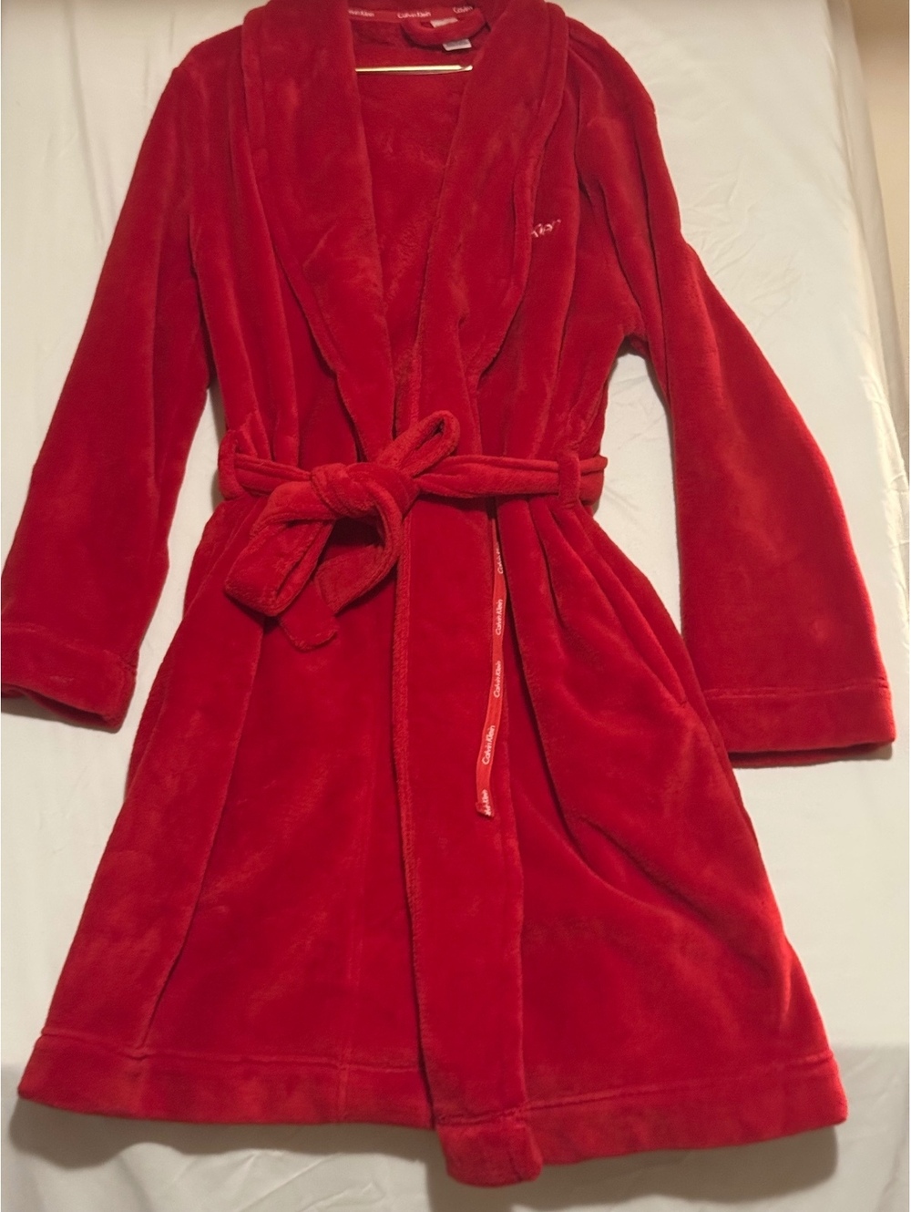 Calvin Klein Deep Red Plush Fleece Bathrobe Size M/L Luxury Loungewear